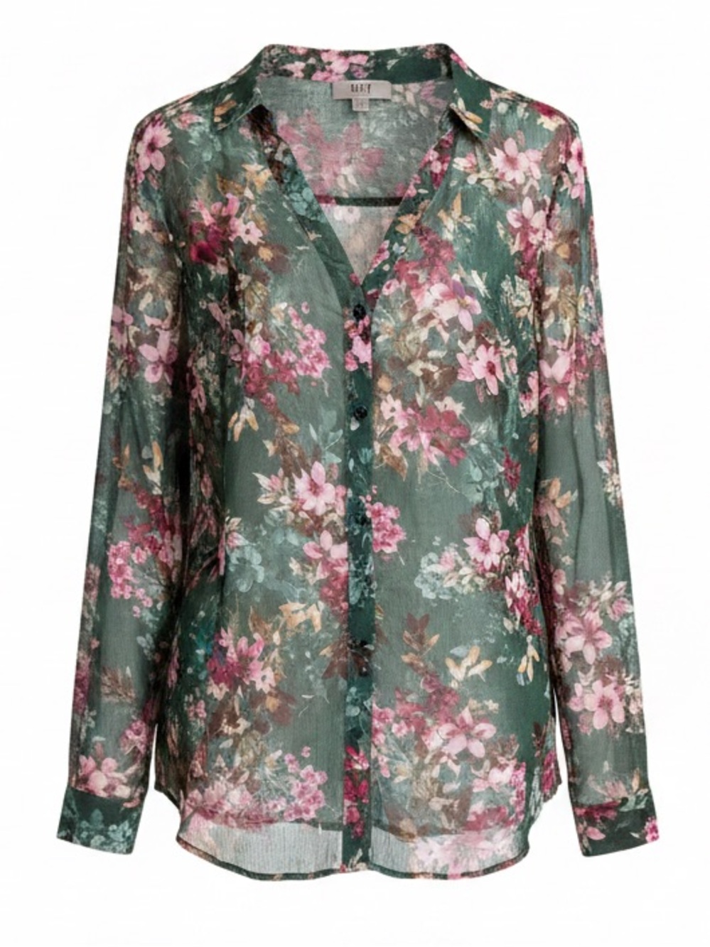 KUT from the Kloth Jasmine Chiffon Blouse Green Pink Floral XL EUC